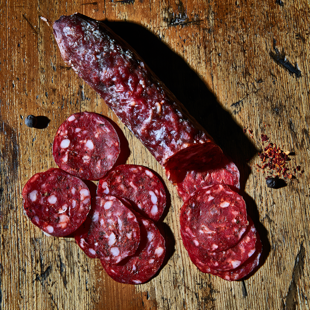 Pepperoni salami and slices on a wooden surface